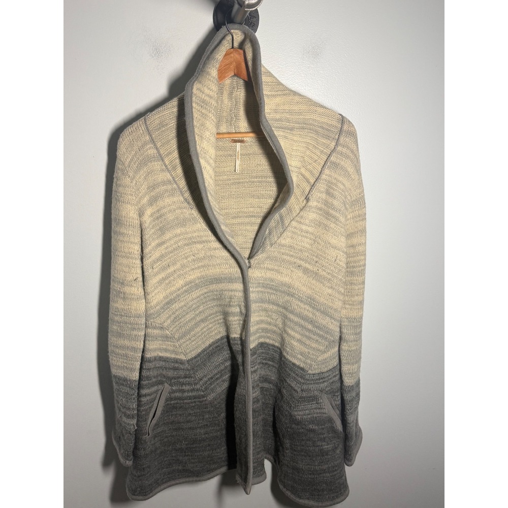 Free People Ombre Hooded Cardigan Sweater Grey Cream Wool Blend Large